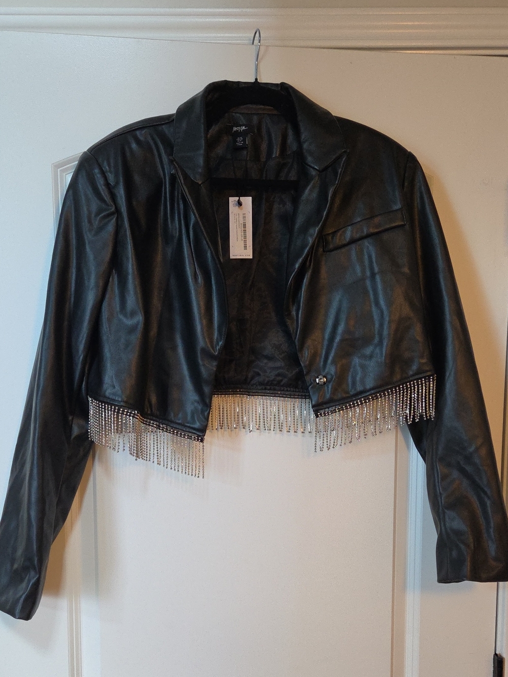 Nasty Gal Faux Leather Cropped Rhinestone Fringe Jacket Blazer